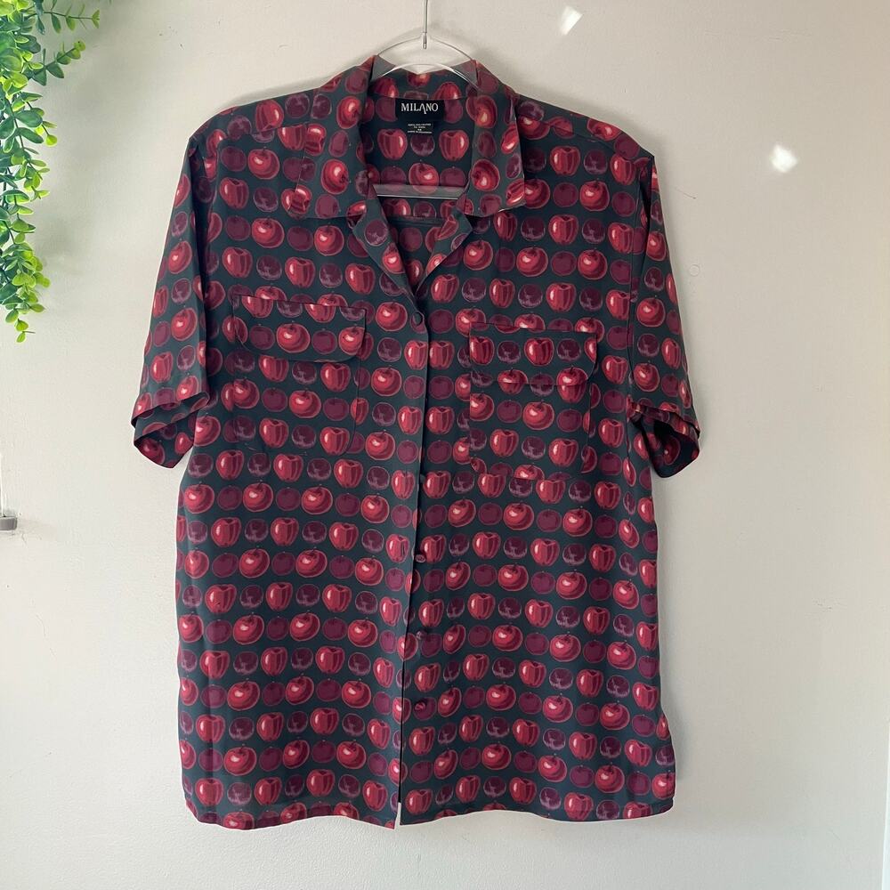 Vintage Milano Apple Print Red Dark Gray Button Up Shirt